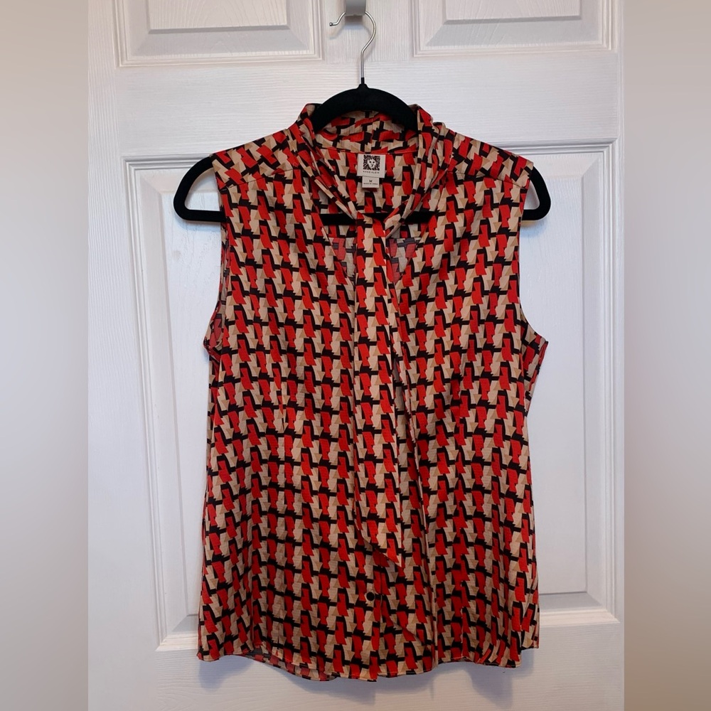 Anne Klein Sleeveless Geometric Print Blouse in Red and Cream